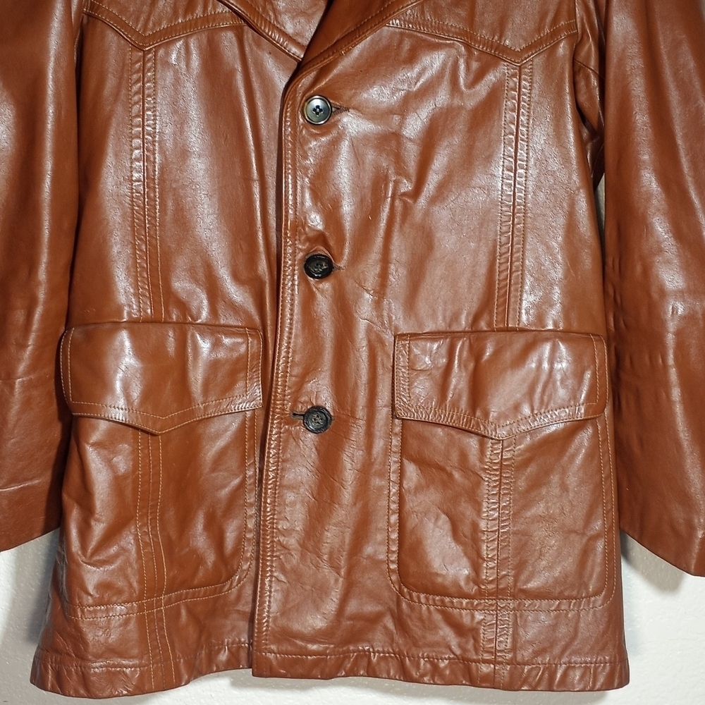 Vintage Leather 70s William Barry Wide Lapel Western Yoke Funky Retro Jacket M - Picture 3 of 12